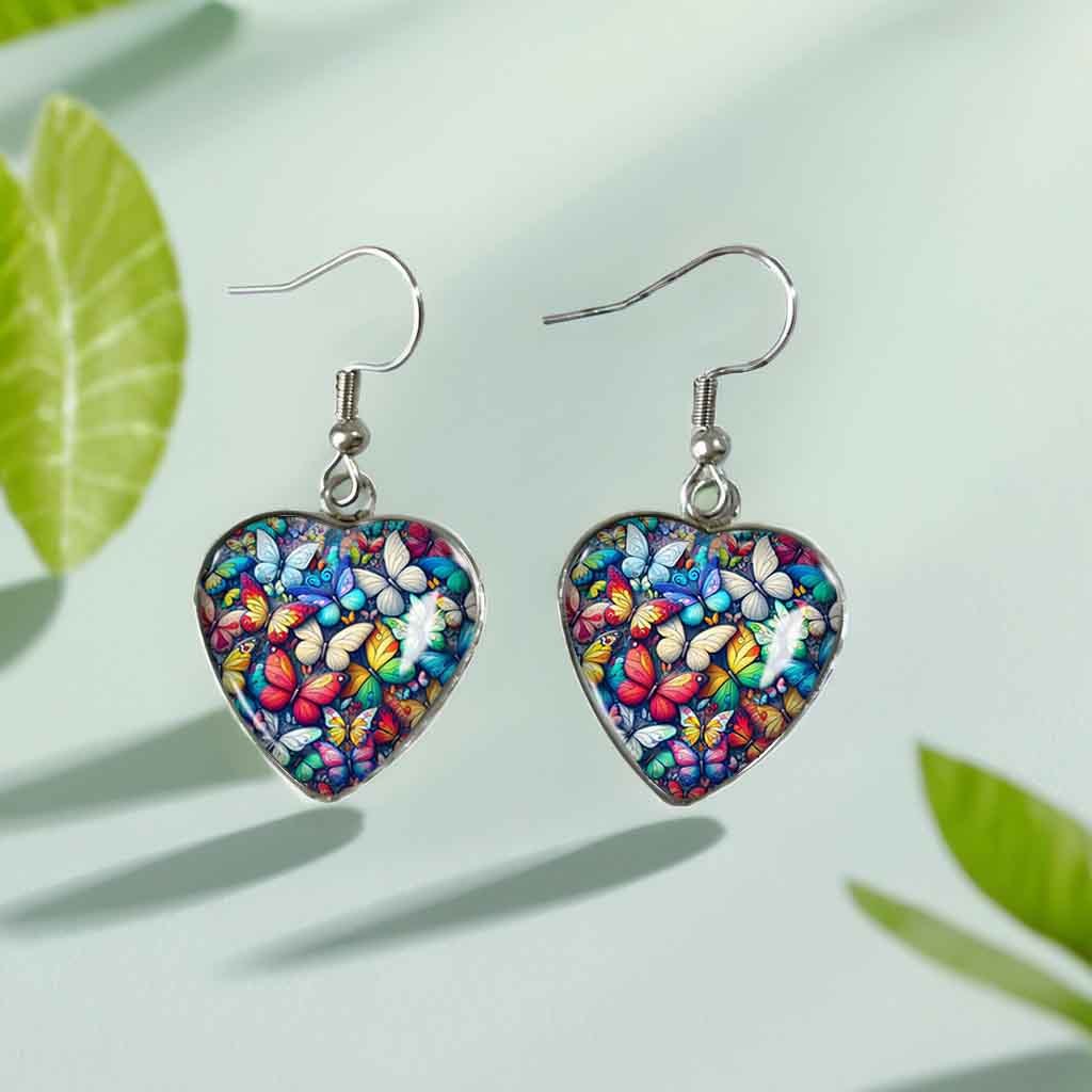 Colorful Butterfly Cluster Heart Pendant Earrings